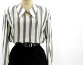 SALE - Giorgio Armani Striped Silk Shirt with Detachable Collar - Black White Tunic Blouse - Women's Size Medium Med M