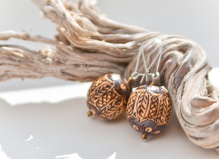Ethnic Tribal Dangle Earrings Tuloma - Pyrography Wooden Bead Earrings - Wood Jewelry