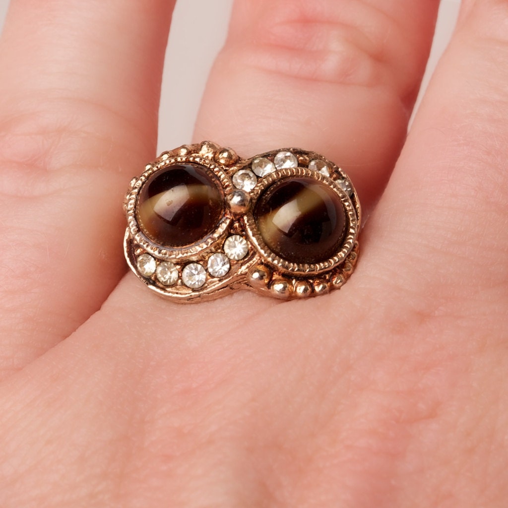 Vintage Tigers Eye and Rhinestone Adjustable Gold Tone Ring