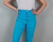 SPRING SALE Vintage High Waisted Bright Turquoise Blue Skinny Jeans