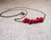 Red Coral stick beads necklace antique brass chain