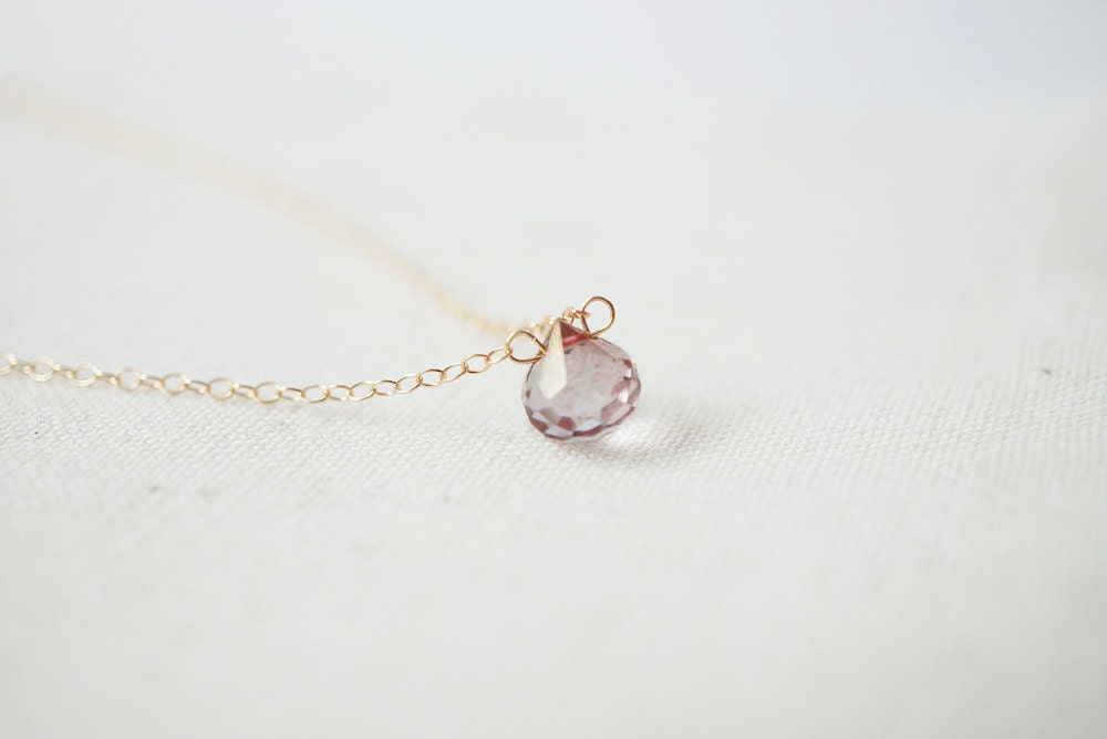 Serenity - pink quartz droplet, dainty gemstone on 14k gold filled chain