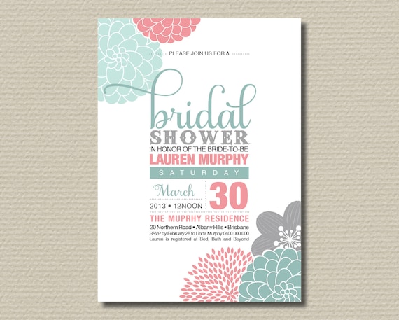 Printable Bridal Shower Invitation - Modern flower design featuring mint, pink & grey (BR99)
