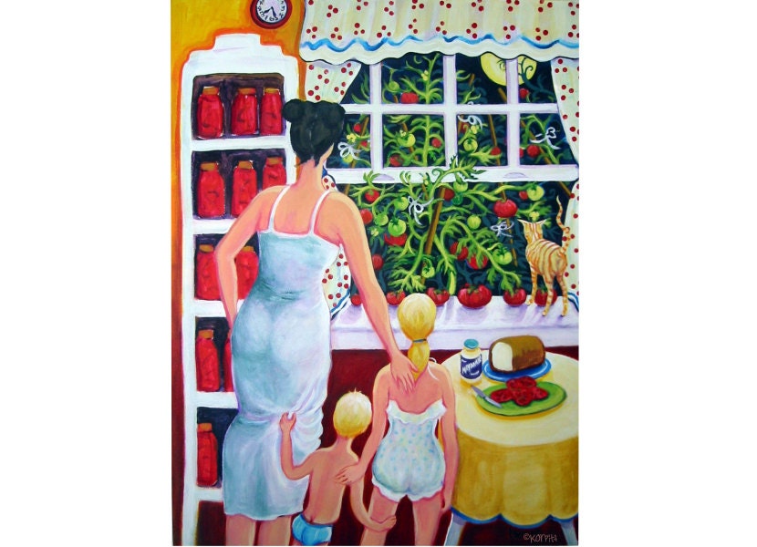 Materphobia Funny Woman Kid Orange Cat Moon Tomato Phobia Glicee Print from original painting - Materphobia - Korpita ebsq