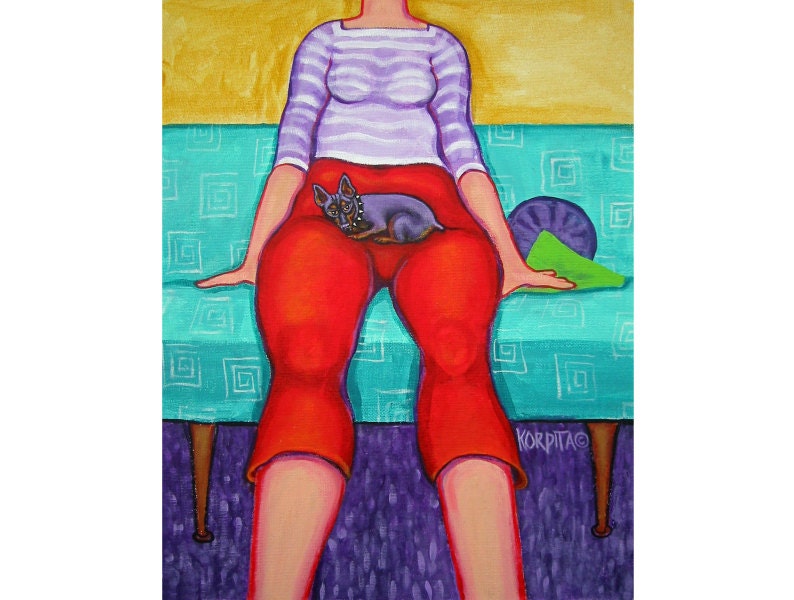 Funny Woman Miniature Pinscher  Dog 11x14 Glicee Print - Sissy and Spike -  Mid Century Modern Sofa from Original Painting Korpita ebsq