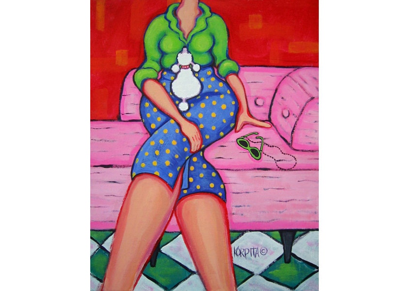 Funny Woman Toy Poodle 11x14 Glicee Print Mid Century Modern Sofa from original painting Korpita ebsq