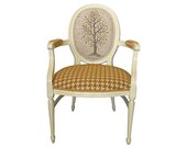 Yellow French Louis VXI Style Armchair Upholstered in Houndstooth and Fall Tree Fabric Saffron Goldenrod Floral Botanical Upholstery