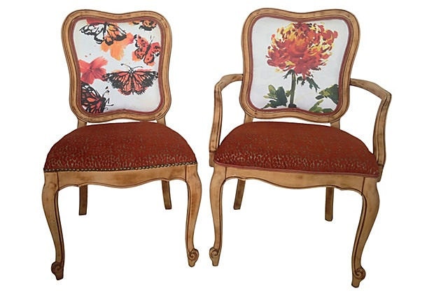 FREE SHIPPING Pair of French Dining Chairs Upholstered Red Orange Chenille Velvet Butterfly and Floral Designer Fabric by Throne Upholstery