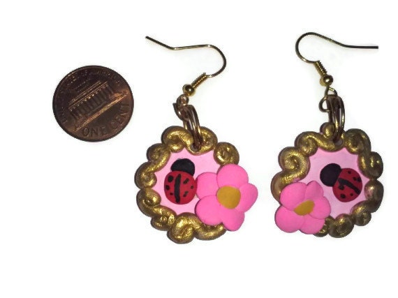 Ladybug Jewelry, Mothers day gifts, spring dangles, polymer clay charms, lady bird jewelry, ladybug accessories, unique jewelry, florals