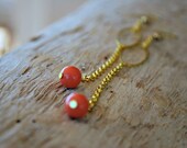 Swarovski Coral Pearl and Gold Chain Earrings. Long Shoulder Dusters