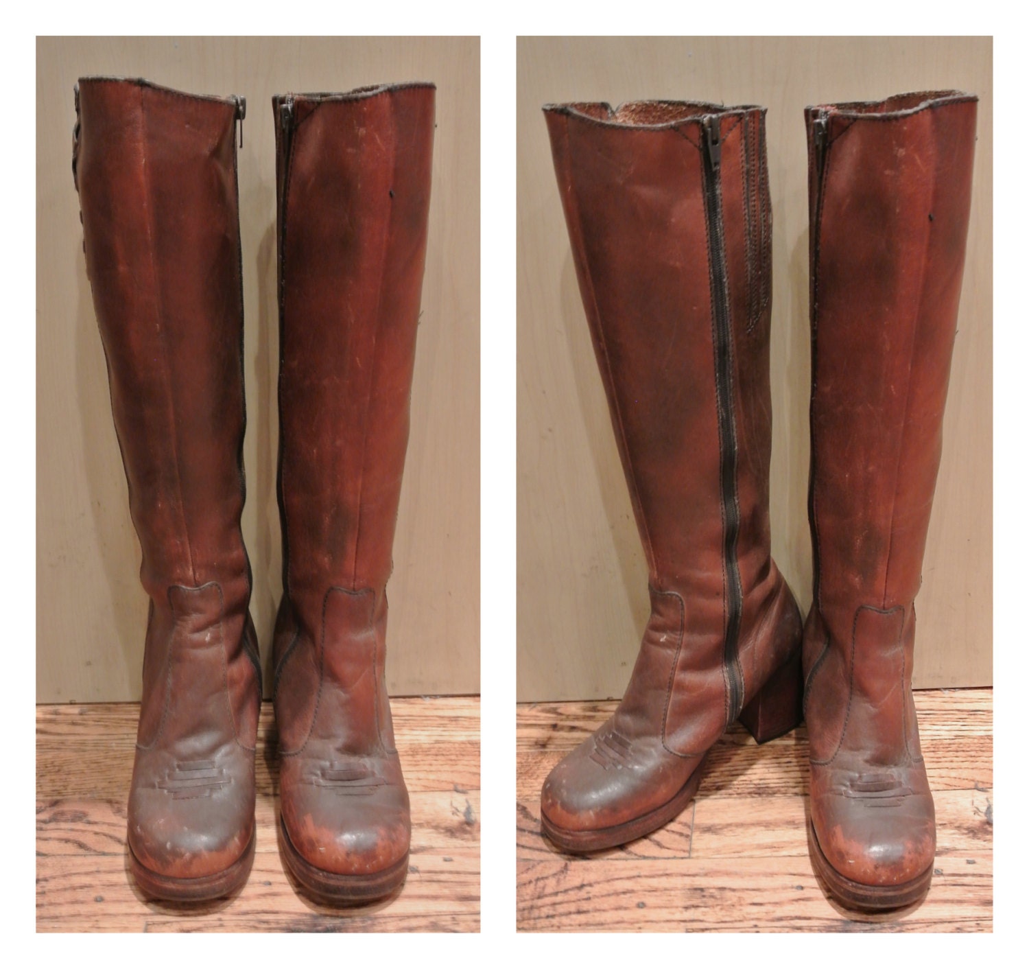 Size 7 1970s Brown Leather Boots Tall Boots with Stacked Heel and Woven Leather Detail Knee High Distressed Leather Boots