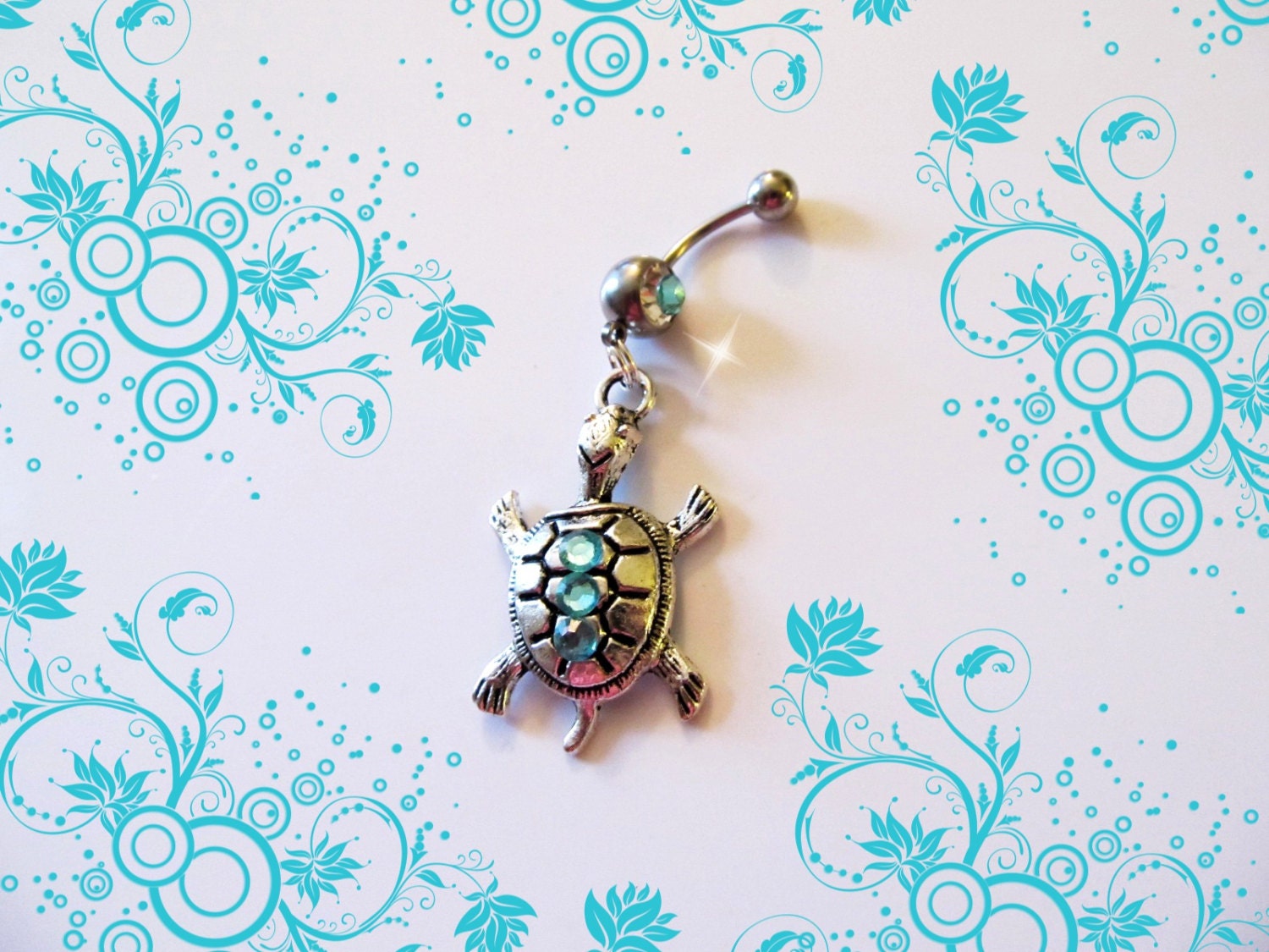 Sale-Belly Ring, Tibetan Silver Mr. Tortoise the Turtle With Blue Crystals, Belly Button Ring, Belly Button Jewelry, For Her