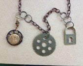 Steampunk Necklace Wire Wrapped Button, Gears, Padlock
