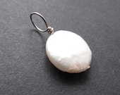 White Cultured Coin Pearl Sterling Silver Wirewrapped Stone Charm Drop (1 Piece) interchangeable charm for necklace
