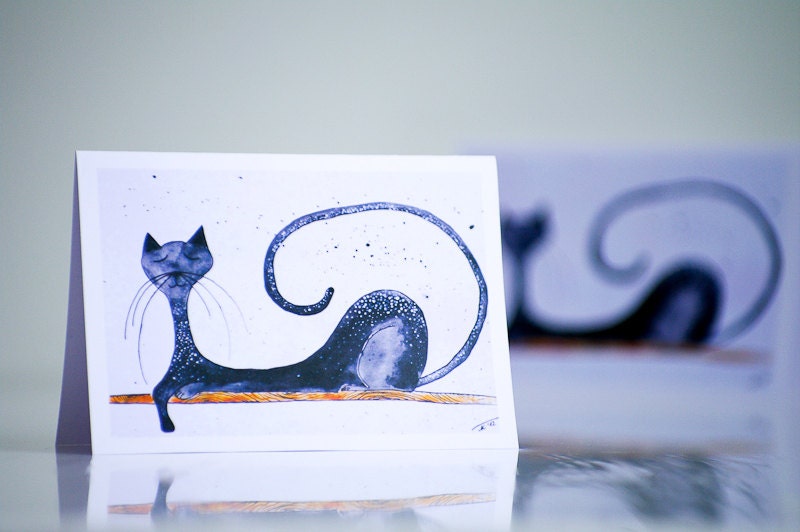 Greeting card with Cat - Gray black Elegant sleeping kitty - Cat illustration painting - Goodnight - Happy Birthday cute funny animal card