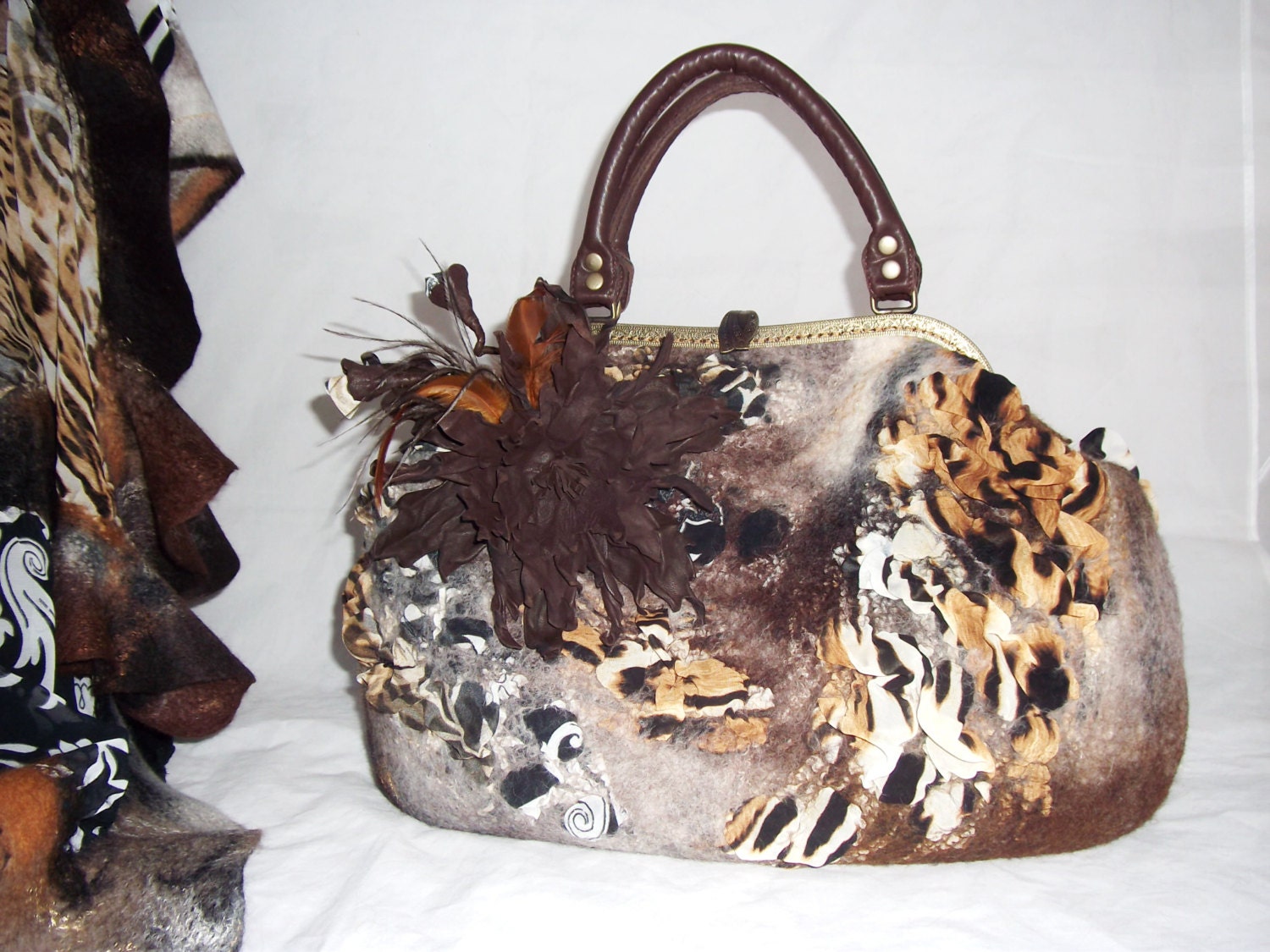 Felted bag JUNGLE with leather  flower,big bag with frame, grey brown black bag, eco friendly, ooak
