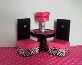 Barbie Furniture / Monster High Furniture - Pink Zebra Sectional Sofa, Table, & Dining Chairs