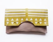FOLDED CLUTCH // yellow and skin tone leather with white print pattern