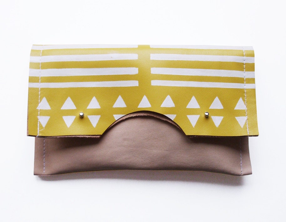 Folded Clutch / yellow and skin tone leather with white print pattern