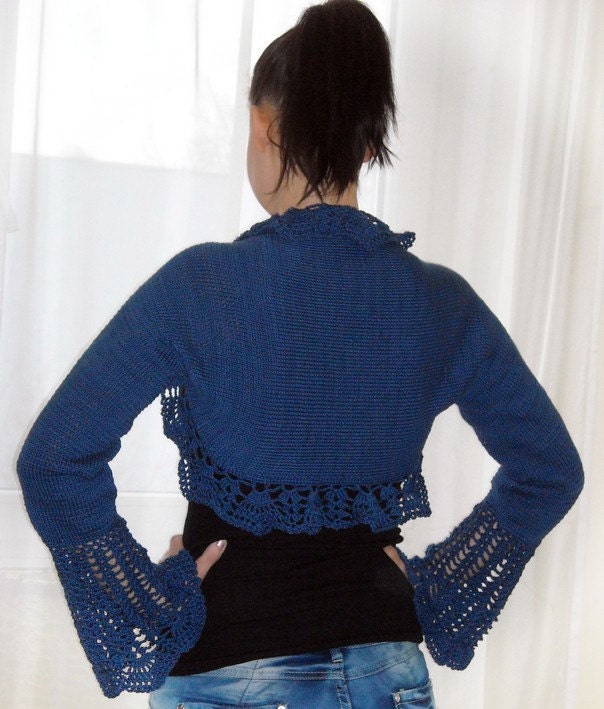 Hand knit crochet shrug bolero, blue cotton, long sleeved, Size  M ,crochet lace