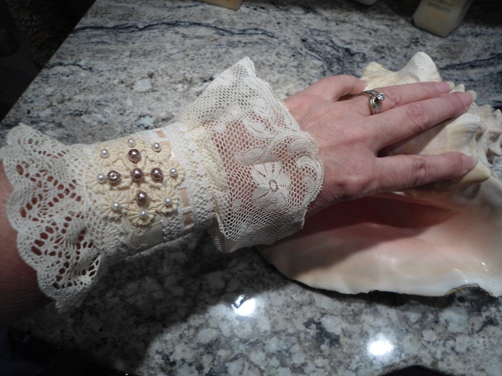 Handmade Fabric cuff bracelet with Ivory vintage laces