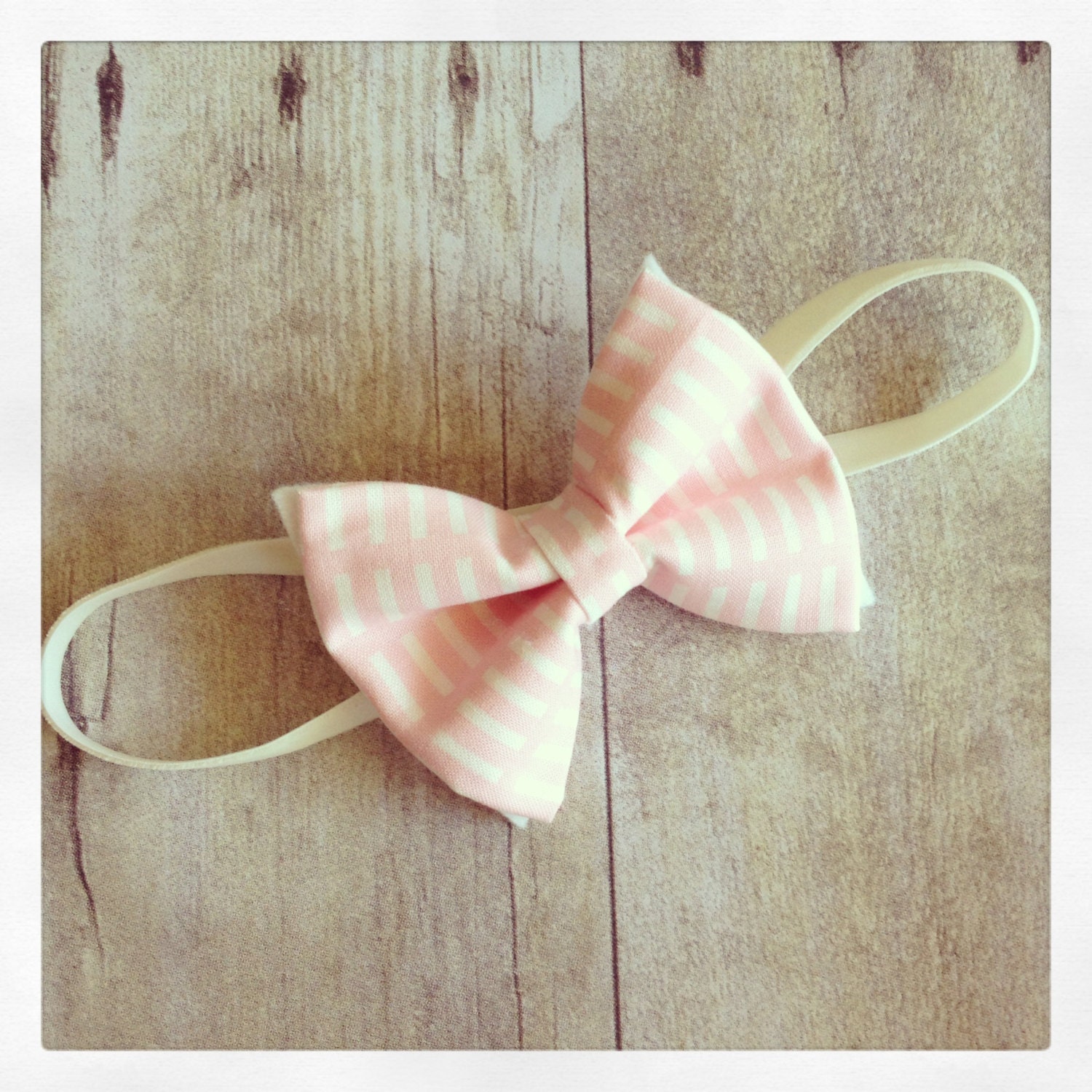 Sweet Pea-baby pink and white striped fabric and wool felt bow headband