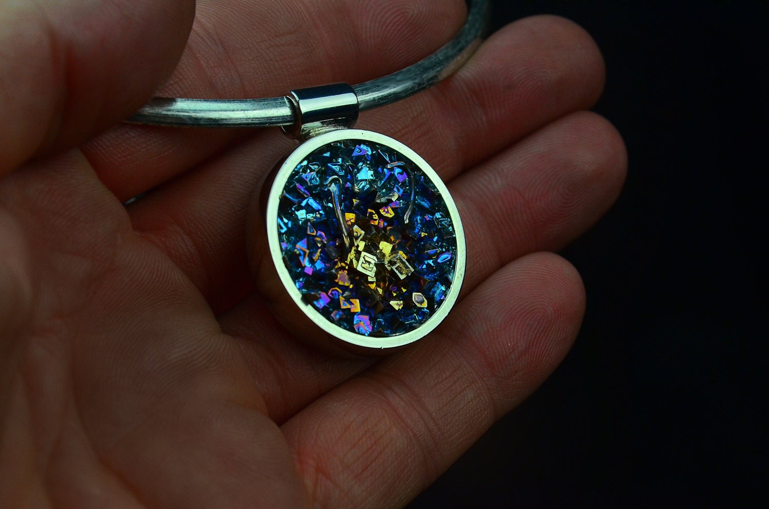 Van Gogh's Sun in a Blue Sky,  PENDANT & Cuff NECKLACE,  Bismuth Metal Crystal Jewelry in Bezel