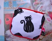 Cotton Coin purse - zip pouch - black cat - red piping - gift - funky - girls - teens .