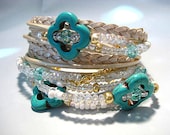 Chic Endless White Pearl Metallic Leather Wrap Beaded Bracelet Turquoise Quatrefoil Clover, Crystals, Magnetic Clasp...."FREE SHIPPING"