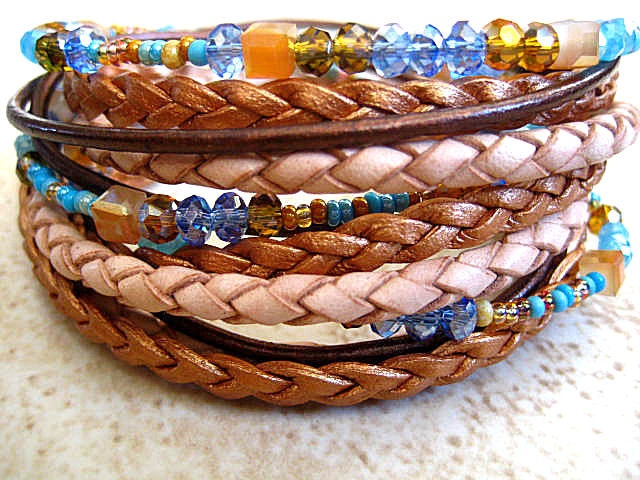 Endless Leather Wrap Beaded Bracelet...Sand And Sea...Crystals & Leather with Magnetic Clasp