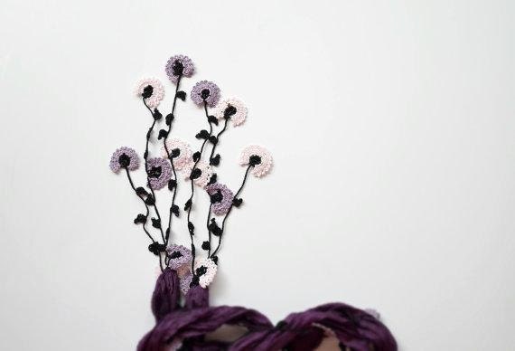Silk Necklace, Pink and Lavender Flowers, Purple Silk Foulard,  Crochet Necklace