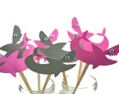 Shark Cupcake Toppers Qty 12 Bright Pink and Grey