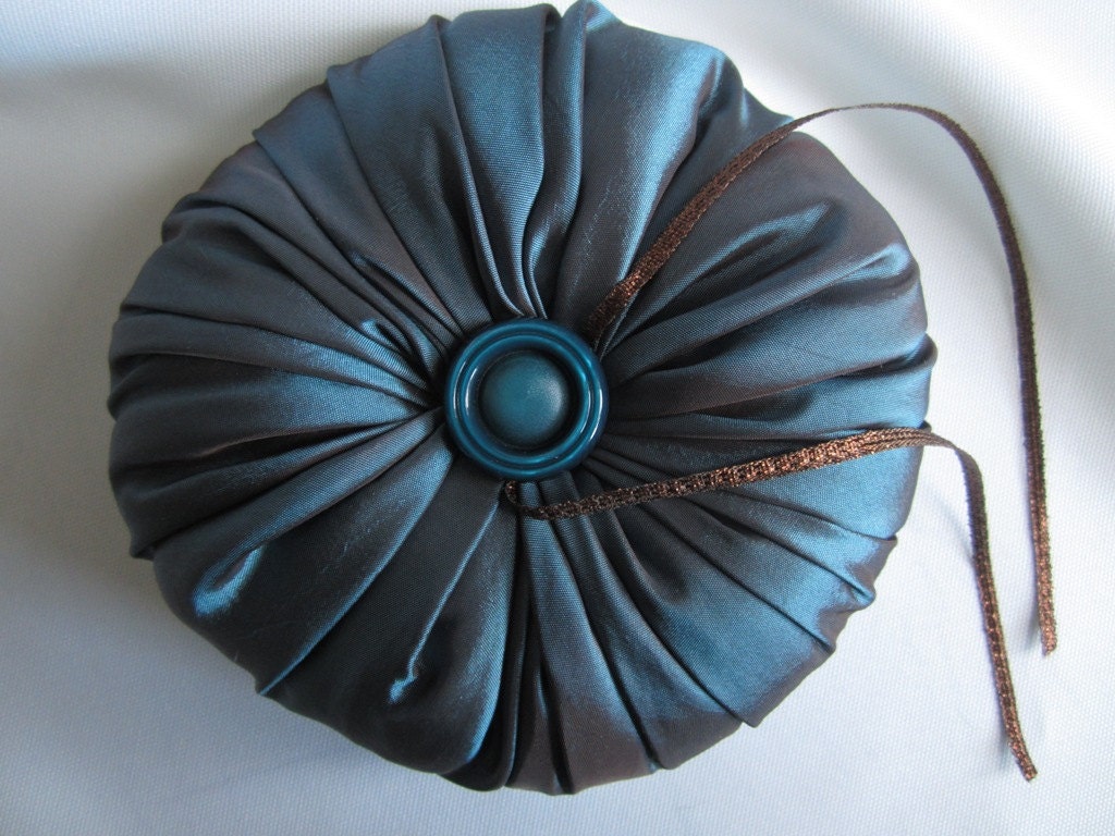 The Wedding Pouf- Ring Bearer Pillow in Teal Silk Satin with Teal Button and Metallic Copper Ribbon