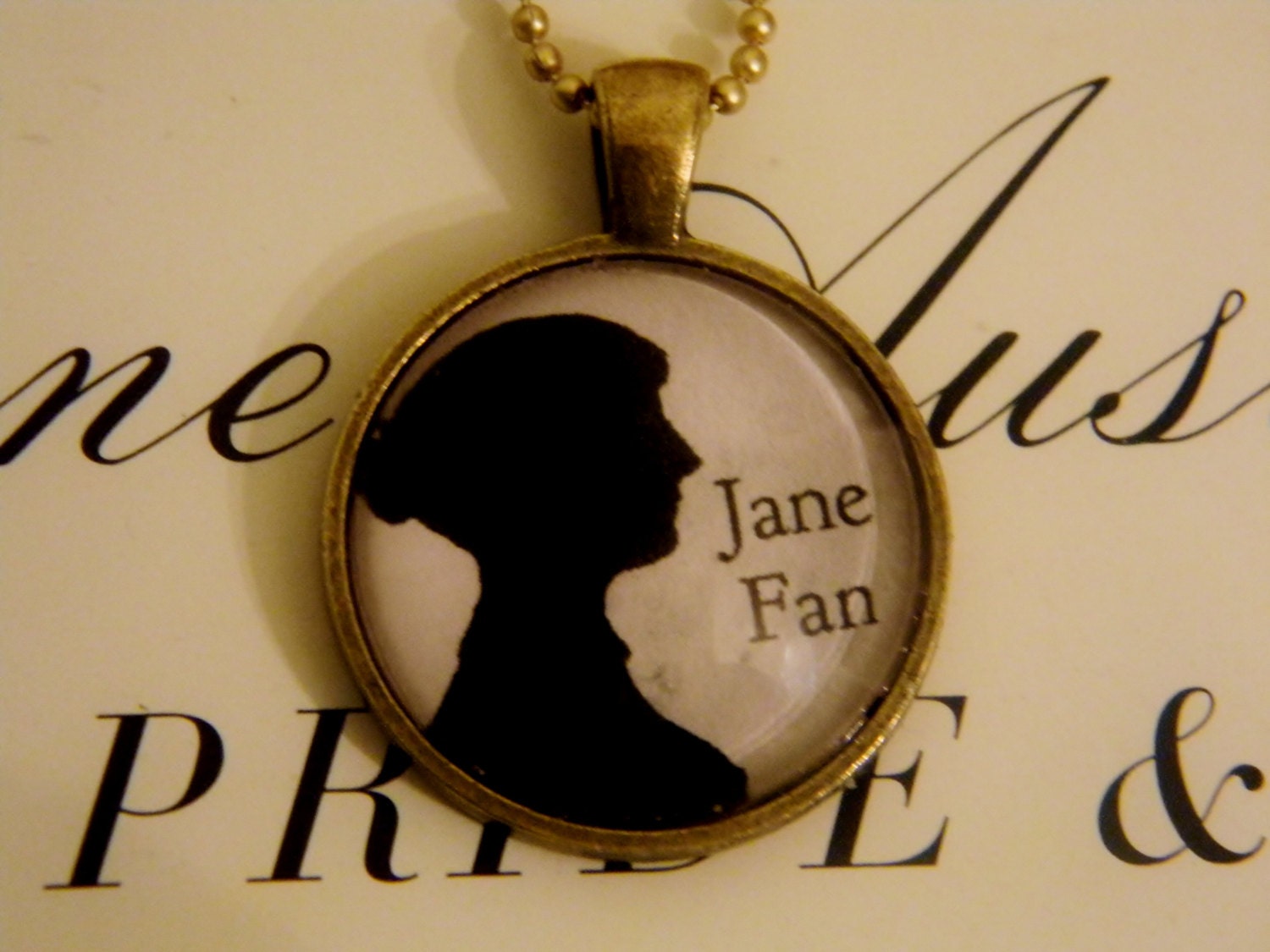 Jane Austen Fan Necklace. Silhouette Necklace. 18 Inch Bronze Tone Chain.