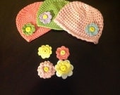 Crochet Baby Girl Hat Removable Flower 3 to 6 months (you choose hat and flower color)