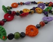 Crocheted Necklace, Bright, Colorful, Red, Yellow, Orange, Red, Green and Purple 28" Beads