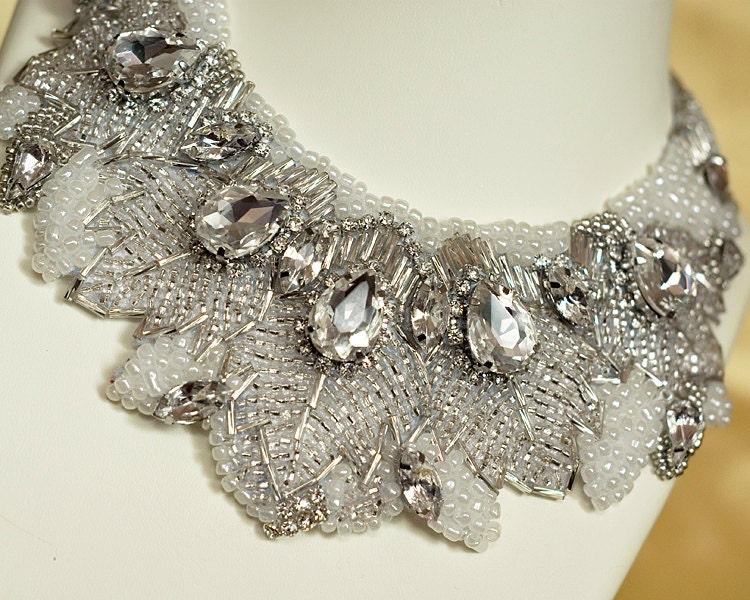 Statement Bridal Necklace. White & Silver Bridal Necklace. Rhinestones Necklace. Bead Embroidered Bridal Necklace. Wedding Accesories