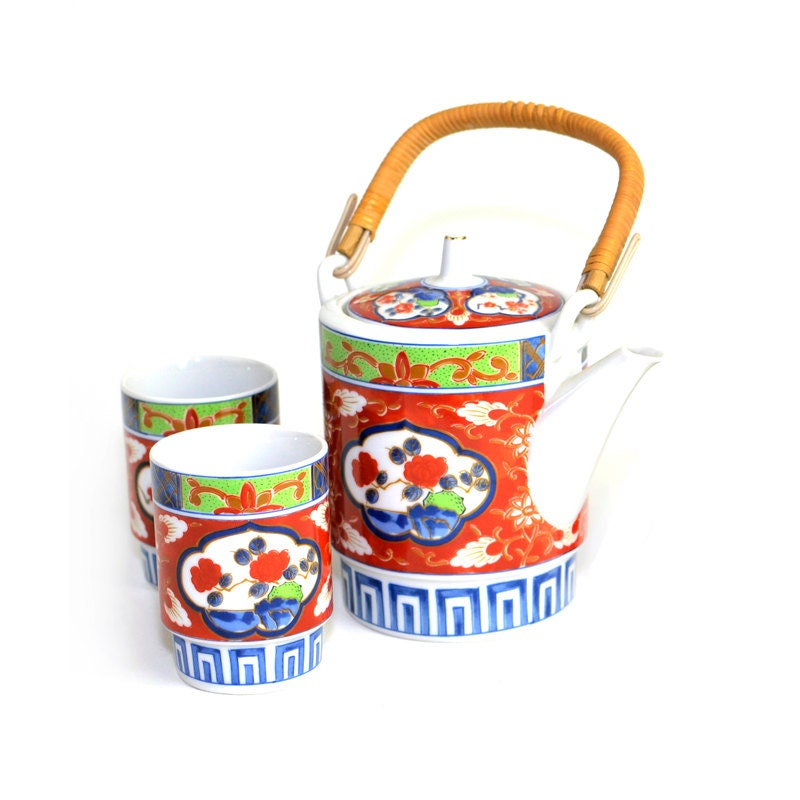 Japanese Teapot & Teacup Set by Takahashi - Wooden Wrapped Handle, Porcelain Pot with Lid, Stacking Cups - Vintage Retro Kitchen or Gift