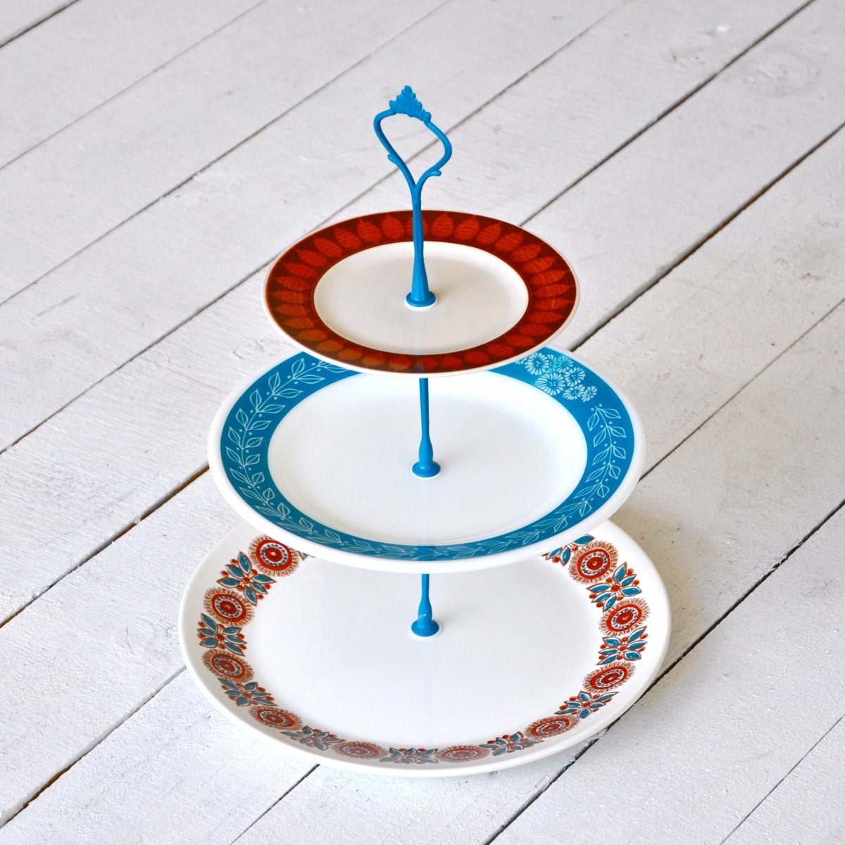 Bhavani: Cake Stand, Vintage 3 Tier Cake Stand, Turquoise and Burnt Orange, Folk Style Hostess Stand