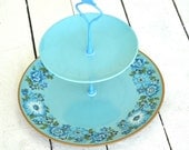 Jardin: Aqua Cake Stand, Blue Flowers, Vintage China Stand, Pastry Stand, Mini Stand