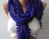 Pompom scarf ...purple scarf...Super Elegant scarf Cotton fabric - summer scarf / Mothers Day gift