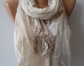 Beige Cotton Rose Shawl/ Scarf - Headband -Cowl with Lace Edge---Mothers day gift