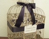 Champagne Bird Cage Card Box / Ivory Peacock Feathers / Pearls / Wedding Card Holder Birdcage