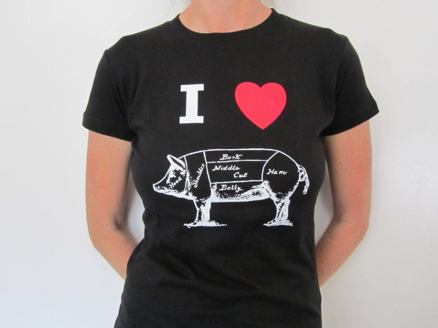Women's "I Heart Butcher Pig" Foodie T-shirt in many colors and sizes.