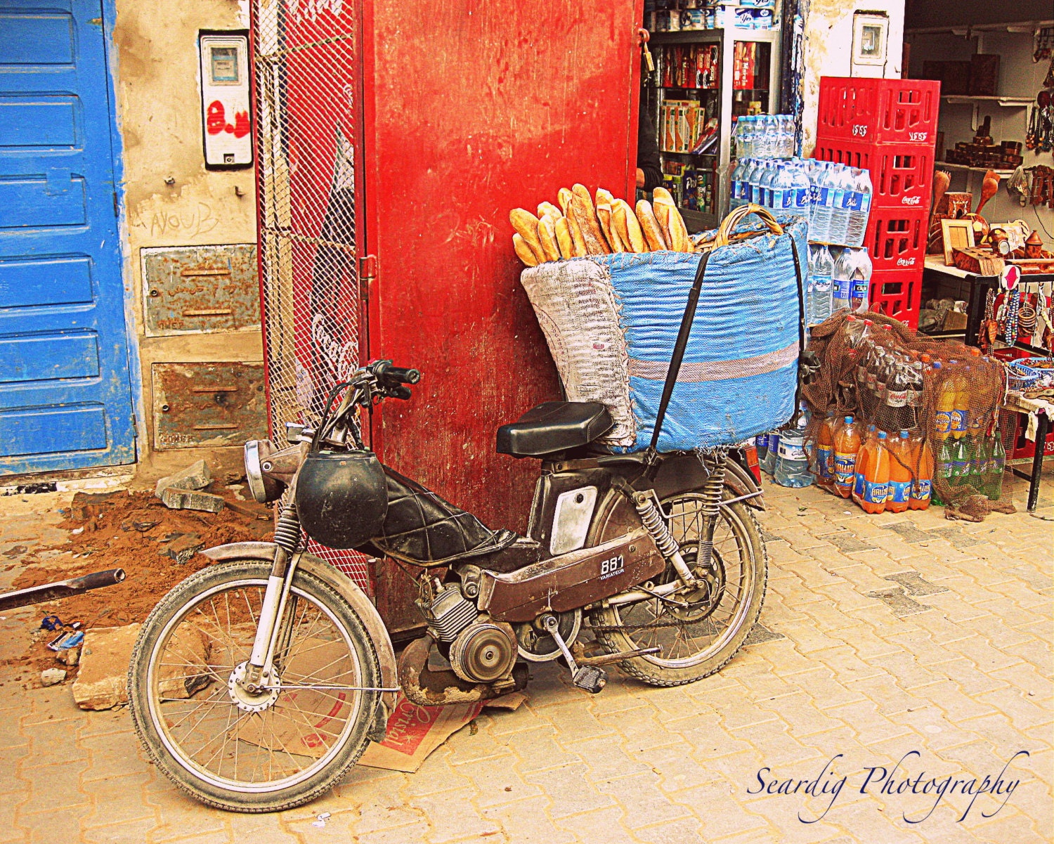 Fathers Day Gift : Basket Case in Morrocco Photograph Motorcyle Blue Red. Coca Cola. French Bread. Door. Rustic. 8x10. Travel Photography.