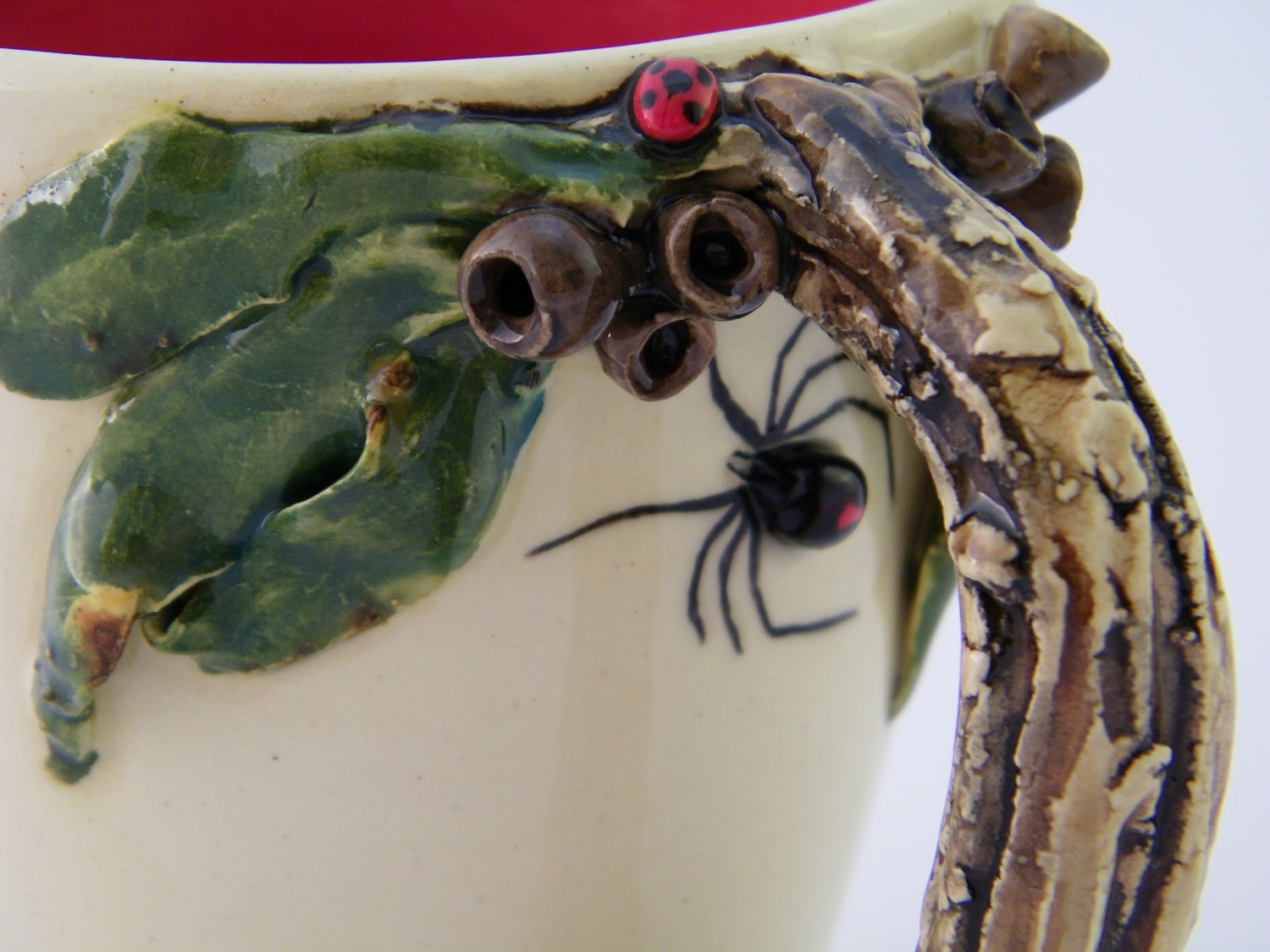 Pottery Mug/Cup Wheel-formed, Features Australian Redback Spider, Ladybugs Gumnuts & Leaves