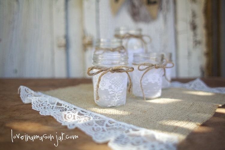 Vintage Lace Mason Jars - Candle Holder - Vase - Centerpiece - Wedding - Shower - (set of 5)