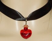 Vintage/Gothic/Vampire/Victorian Heart Blood Vial/Bottle Black/Dark Red Adjustable Satin Necklace/Choker & 925 Silver Earrings Set