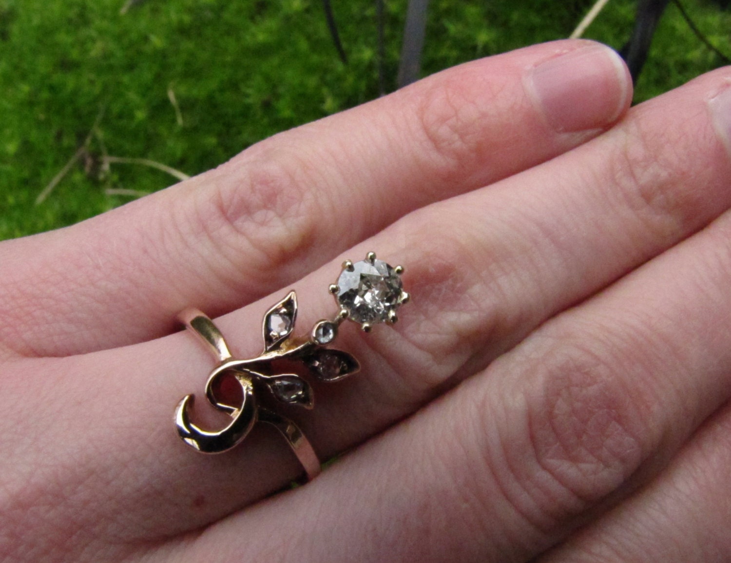 From Russia with Love : Antique Soviet Diamond Engagement Ring, Rose Gold, Flower with Petals, .40ct Diamond with Rose Cut Accents