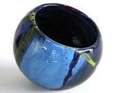 Hand-painted small ceramic tilt bowl / blue abstract CE-04